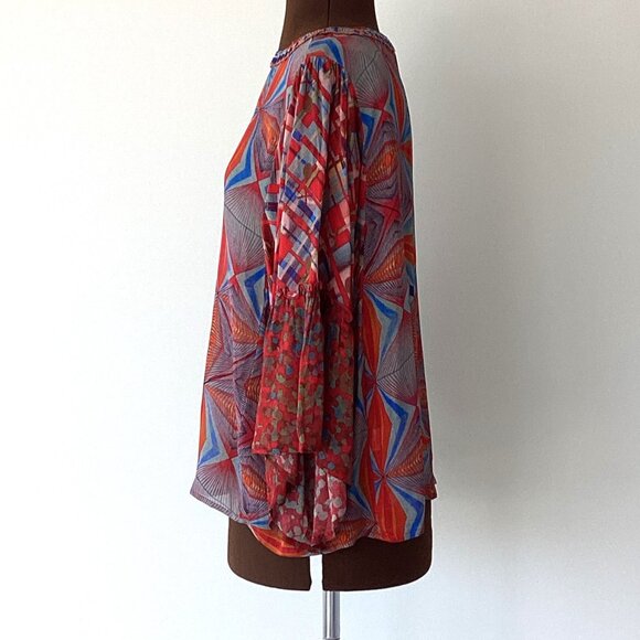 Colourful Geometric Print Top with Flounce Sleeves - Picture 4 of 8